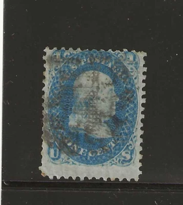 US Scott #92 used 1868 1c blue Franklin bank note, "F" Grill,  Cancel f/vf, soun - Image 1 of 2