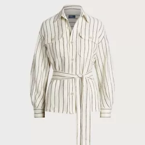 Ralph Lauren NWT Linen Shirt Jacket Women 8 Cream Brown Striped Belted $298 - Picture 1 of 15