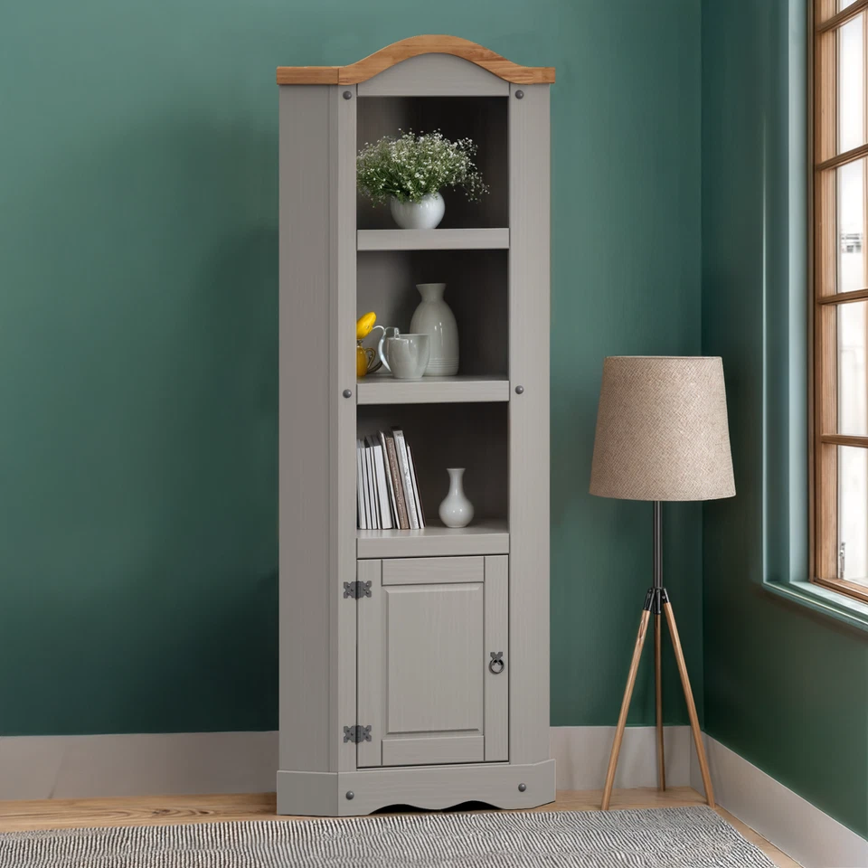 Corona Corner Display Unit Grey Wax Solid Pine Bookcase by Mercers Furniture® - Image 1 of 4