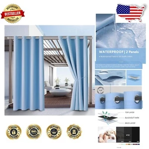 Stylish Light Blue Waterproof Grommet Curtains 52"W x 108"L - Ideal for Patios - Picture 1 of 12