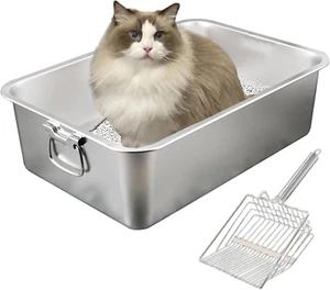Cat Litter Box Stainless Steel Rustproof High Sides Metal Cat Litter Box with Ha - Picture 1 of 12