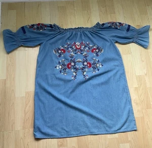 Denim Embroidered Off Shoulder Dress - Picture 1 of 6