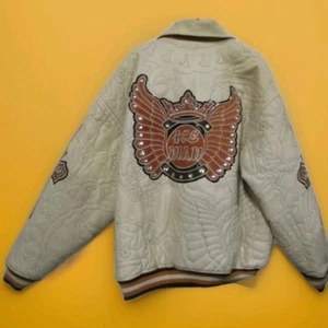 Bomber vintage pelle blu grezza giacca uomo 3XL Y2k retrò regni vintage boho - Foto 1 di 6
