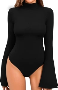 MANGOPOP Bell Sleeve Mock Neck Long Sleeve Bodysuit Tops for Women Size Large - Picture 1 of 5