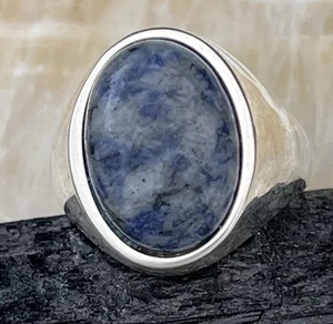 925 Sterlingsilber blauer Sodalith oval Cabochon Inlay Siegelring Größe 10 Jungfrau - Bild 1 von 14