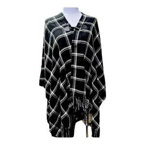 Nuevo sin etiquetas Suéter Chaps Blanco y Negro Tartán Cuadros Ruana/Poncho Toggle Para Mujer - Imagen 1 de 6