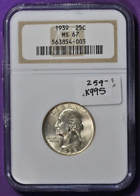 1939 Washington Quarter.  In NGC Holder.  MS 67.  k995 - Image 1 of 2