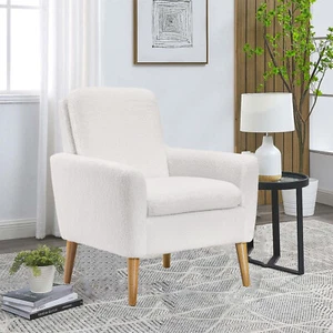 Sherpa Accent Chair White Teddy Fabric Living Room ArmChair Small Sofa Wood Legs - Picture 1 of 19