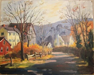 George Holloway Vintage Ölgemälde auf Karton Herbstdorf - Bild 1 von 11