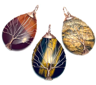 Lote 3 Colgantes Lágrima Piedras Cuadro Jaspe Ojo de Tigre Cornalina Árbol de la Vida Foto 1 de 4