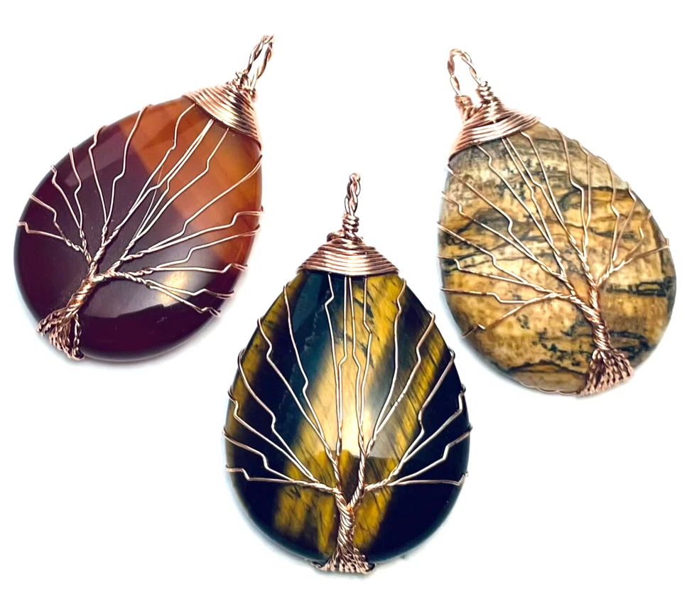 Lote 3 Colgantes Lágrima Piedras Cuadro Jaspe Ojo de Tigre Cornalina Árbol de la Vida Foto 1 de 4