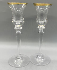 Set Of 2 Vintage Mikasa  Jamestown Clear  Gold Rim Tall Stem Candle Holders
