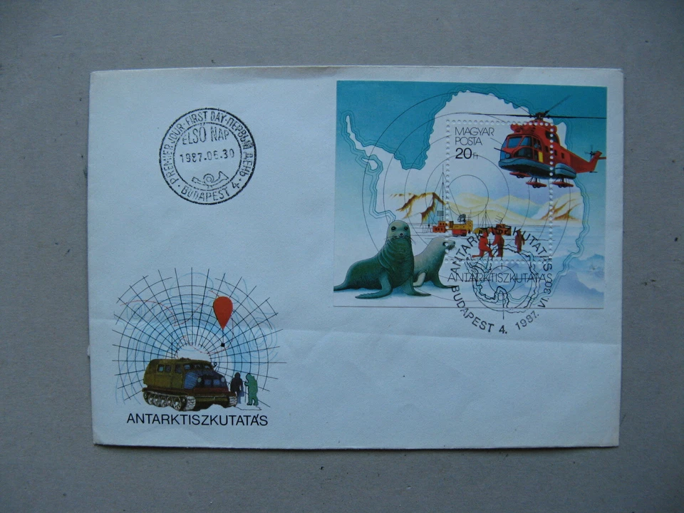 HUNGARY, cover FDC 1987, S/S Antarctic seal map helicopter - Image 1 of 1