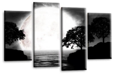 Large Seascape Wall Art Print Black White Big Moon Landscape Framed Picture - Image 1 of 4