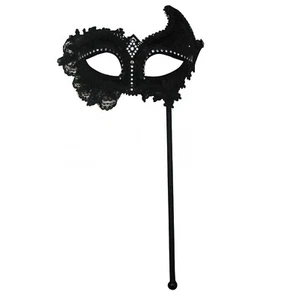 Ladies Black Lace Masquerade Eye Mask On Stick Fancy Dress Venetian Carnival - Picture 1 of 1