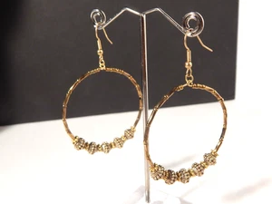 Large Gold Tone Beaded Hoop Boho Dangle Earrings 2" diameter - Picture 1 of 2