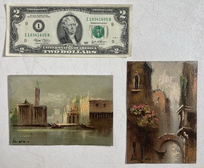 Pintura al óleo original vintage paisaje urbano arquitectónico 2x firmada 1985 Foto 1 de 4