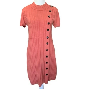 Free People Lottie Coral Pink Ribbed Short Sleeve Mini Sweater Dress Preppy Sz M - Picture 1 of 13