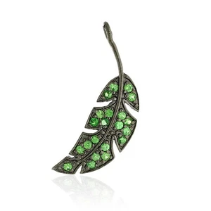 Green Tsavorite Feather Pendant Charm Oxidized Silver Leaf Jewelry Nature Gift - Picture 1 of 7
