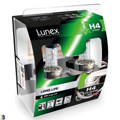 Lunex H4 Halogen Long Life Headlight Car Bulbs 200% Longer Life 3000K Twin - Image 1 of 3