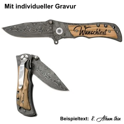 TOBILU® Klappmesser Personalisiert m. Gravur Holzgriff Taschenmesser Damast Optik Messer