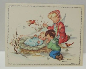 Vintage Weihnachtskarte von C.F. Christensen Engel Mädchen & Junge Baby beten Mid Century - Bild 1 von 4