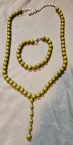 Handmade Green Plastic Bead Necklace and Bracelet Set With Silver Chain - Picture 1 of 4