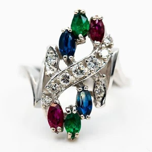 Ring 585/14K Weißgold Saphir Rubin Smaragd Diamanten 0.2 ct TW/VS-SI Gr. 52 - Bild 1 von 3