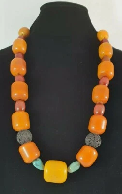 ¡Ámbar!!! Collar ámbar, bolas de lava volcánica, cuero, plata de ley 925 Foto 1 de 4