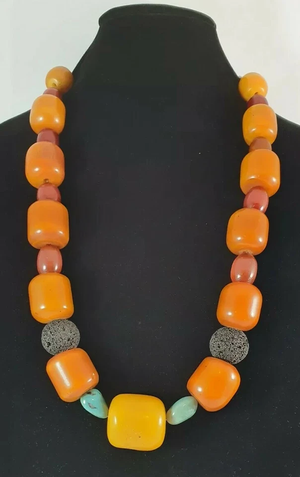 Янтарь!!! Ожерелье с янтарем, шарики вулканической лавы, кожа, серебро 925 пробы - Изображение 1 из 4