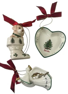 3 Porcelain Spode Christmas Tree Ornaments - Heart, Angel & Puppy in Stocking - Picture 1 of 10