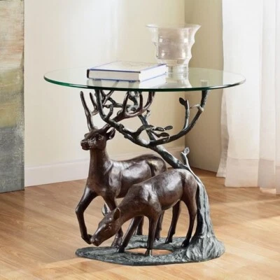 Round Shape Aluminum And Glass Deer Pair End Table 24" Diameter - Image 1 of 2