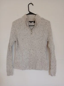 Women's Wool Blend White Marled Ribbed Zip Mock Neck Long Sleeve Sweater L - Picture 1 of 3