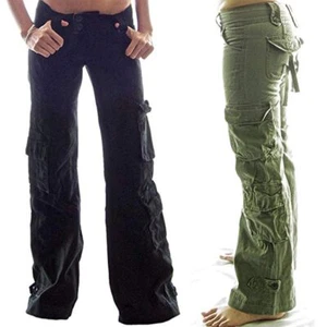 Womens Pockets Combat Cargo Work Trousers Ladies Wide Leg Bottoms Pants Size US - Picture 1 of 18