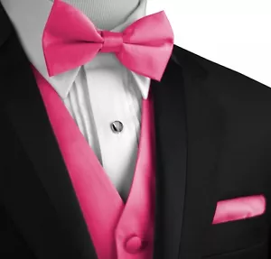 Men's Solid Satin Tuxedo Vest, Bow-Tie & Hankie Set. Formal Casual Wedding Prom - Picture 1 of 29