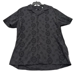 NEW Karl Lagerfeld Paris Mens Eyelet SS Camp Shirt Black Size Large L NWT - Picture 1 of 3