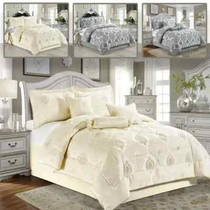 Modren 7-tlg. Jacquard Tagesdecke Steppdecke Set Bett Creme Kissenbezüge - Bild 1 von 3