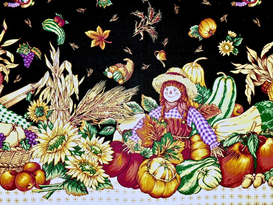 Secrets of the Autumn Fabric,Harvest Border,Blk,Raggedy Andy,Gourds,Cotton,36x44 - Image 1 of 1