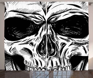 Skull Curtains Gothic Sketch Evil Face Window Drapes 2 Panel Set 108" x 63" - Picture 1 of 2