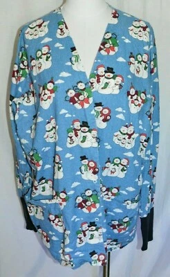 Blue Snowman Winter Long Sleeve Lab Coat Medical Dental Size Large - Image 1 of 4