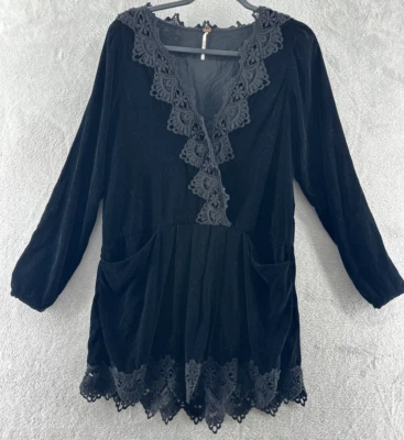 Vestido Free People Mujer S Premiere Terciopelo Sueños Negro Crochet Encaje Túnica Mini Foto 1 de 4