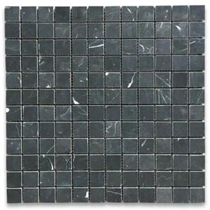 N24XH Nero Marquina Black Marble 1" Grid Square Mosaic Backsplash Tile Honed - Picture 1 of 6