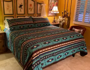 King Bed Blue Coffee Brown Khaki Southwestern Navajo 3 pc King Size Quilt Set - Picture 1 of 8