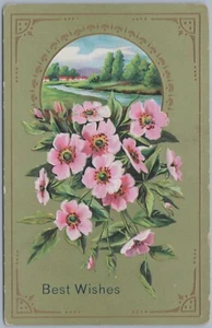 Postal Best Wishes, flores rosas en relieve y escena de río, c1910 - Imagen 1 de 2