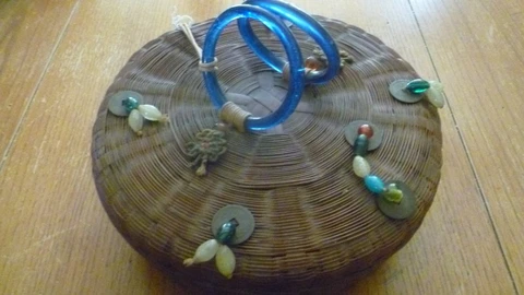 Woven Sewing Basket, decorated with Chinese Coins, Glass Beads, Glass Rings, mac Cover