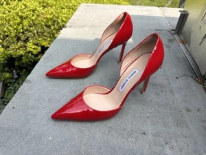 MANOLO BLAHNIK PATENT LEATHER RED D'ORSAY PUMP WOMENS SIZE 42 100 MM HEEL - Picture 1 of 5