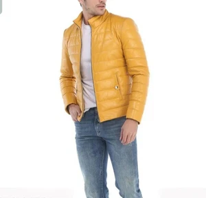 Men's Lambskin Leather Jackets Yellow Puffer & Black Motorcycle Handmade - Picture 1 of 4