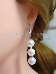 Prefect 10-11MM South Sea Natural White Pearl Dangle Earrings 14KGP AAA - Picture 1 of 3