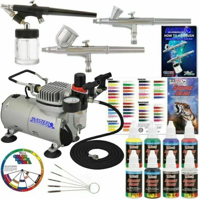 Master Airbrush Professional 3 System With Compressor and 6 Color Primary Paint