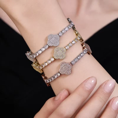 Moissanite Clover Tennis Bracelet Men Women Chain 18K Gold Plated Hip Hop GRA - Image 1 of 4